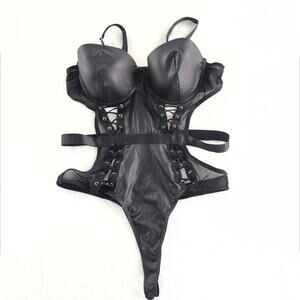 Body Rage Curve Faux Leather Lace up Corset Teddy Underwire Lingerie SZ XL Black